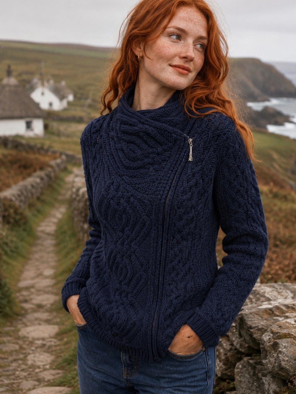 Aran Crafts Sz XS Navy Blue Cable Knit 100% Merino Wool Zip Front Irish Cardigan